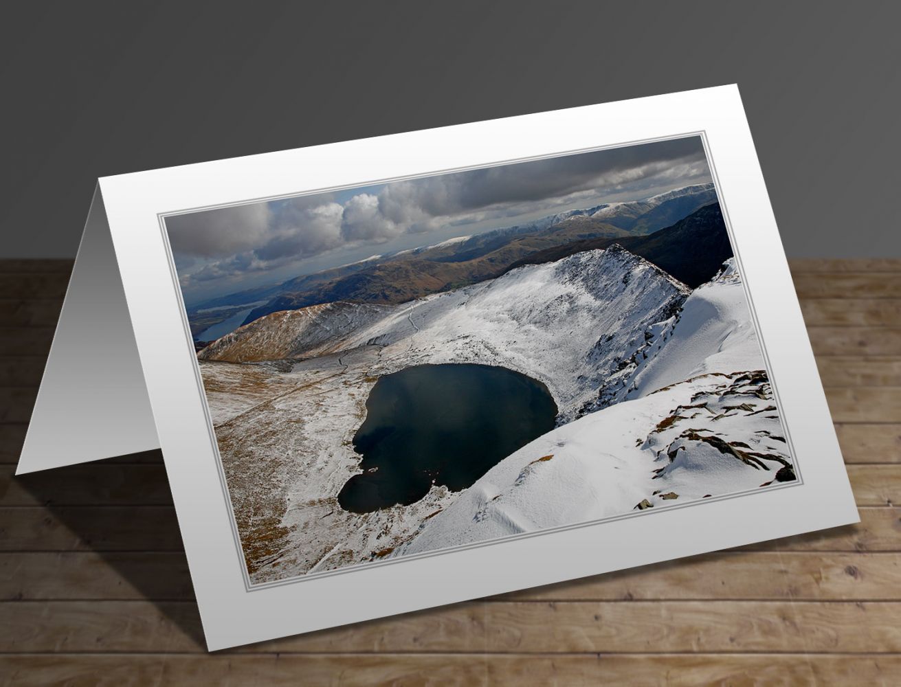 A greetings card containing the image Snow on Helvellyn and Striding Edge by Martin Lawrence