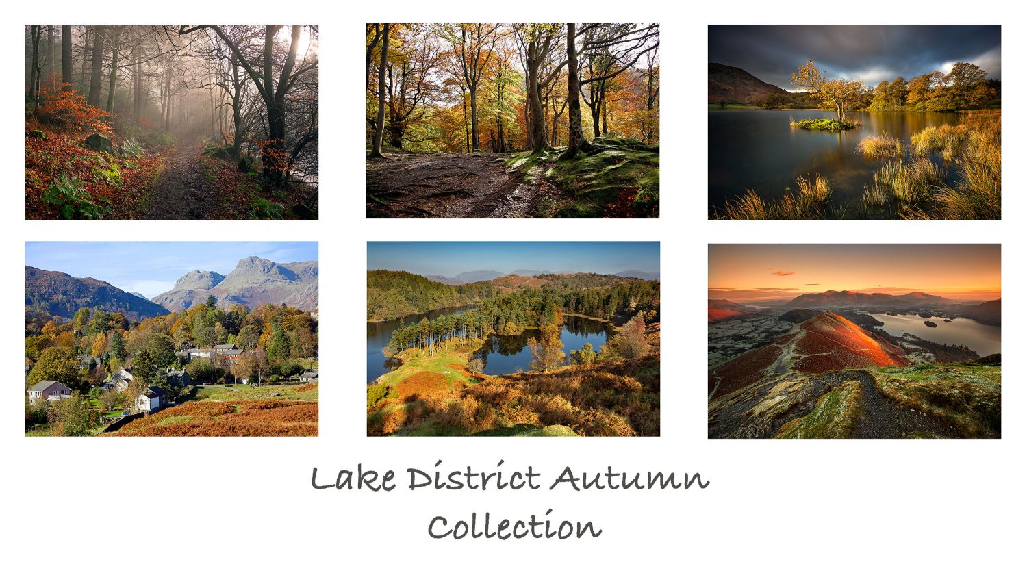 A pack of 6 Lake District Greeting Cards featuring stunning images of beautiful English Lake District autumn scenes at Bassenthwaite, Elterwater, Tarn Hows, Derwentwater and Grasmere.