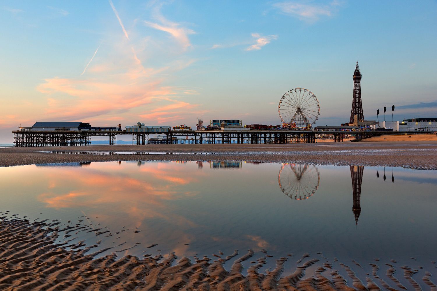 Autumn sunset over Blackpool Beach and Central Pier