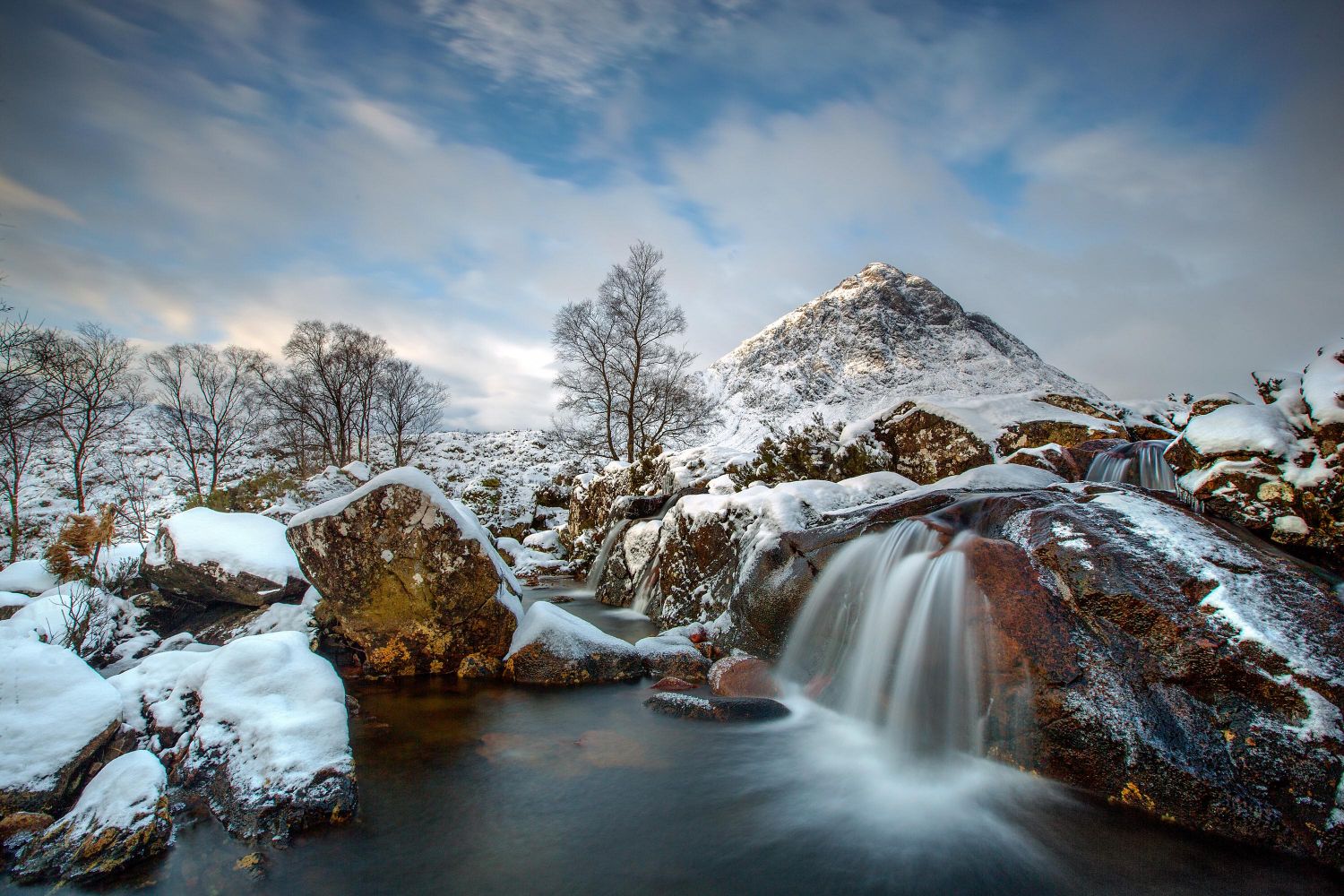 An image of the River Coupall Waterfall and Buachaille Etive Mor deep in winter snow.