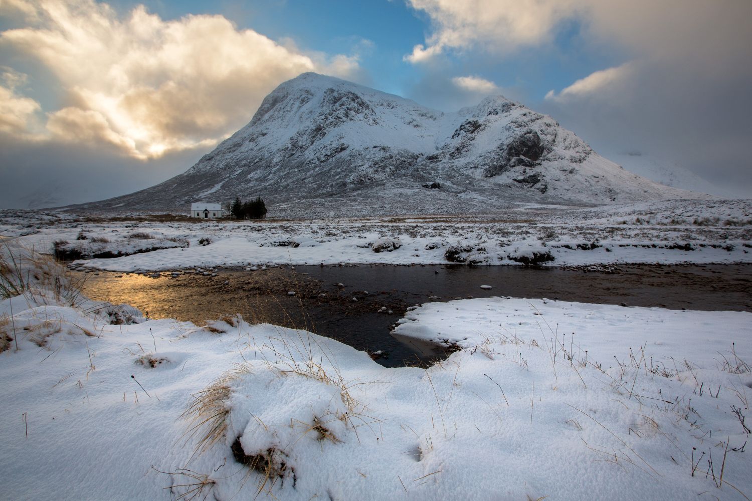 A very early morning shot of Lagangarbh Hut in the shadow of Buachaille Etive Mor