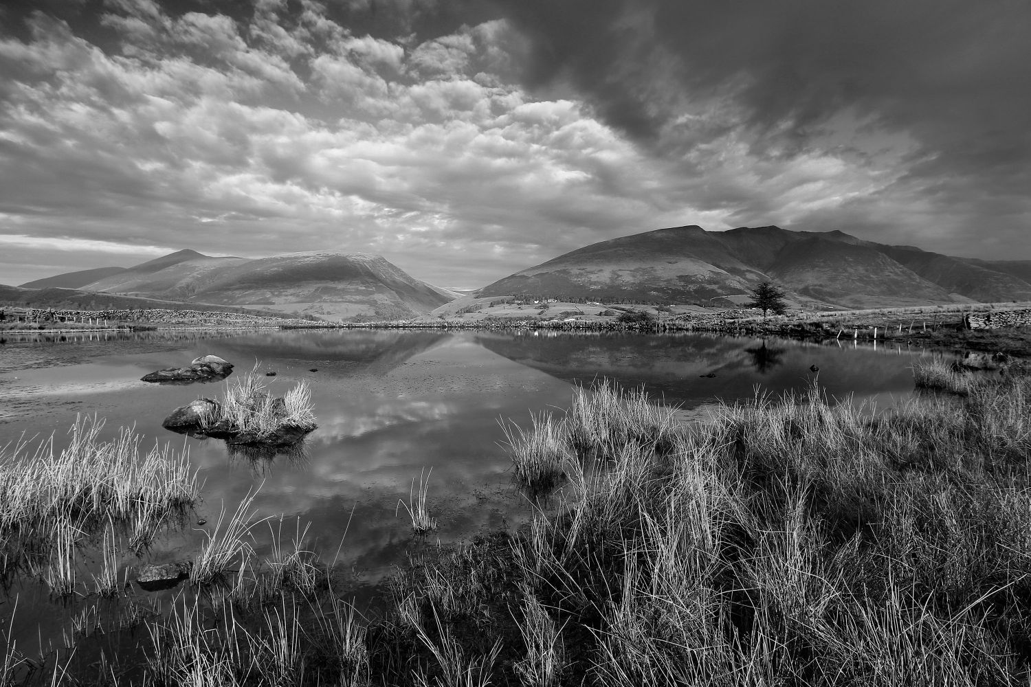 Blencathra and Skiddaw from Tewet Tarn in Black and White