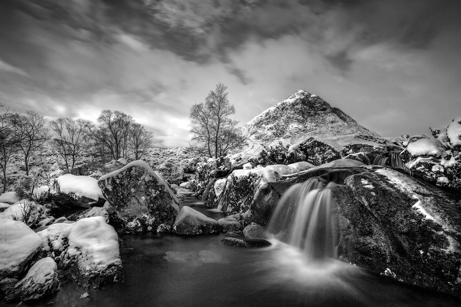 River Coupal Waterfall and Buachaille Etive Mor in Black and White