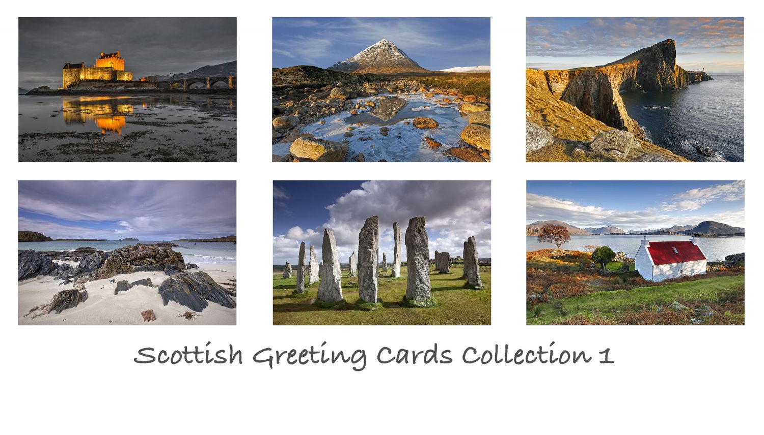 A pack of 6 Scottish Greeting cards featuring stunning images of some of Scotland's most famous locations including Glencoe, Isle of Skye and Isle of Lewis