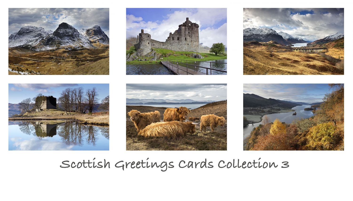 A pack of 6 Scottish Greeting cards featuring stunning images of some of Scotland’s most famous locations including Glencoe, Torridon and Kilchurn Castle