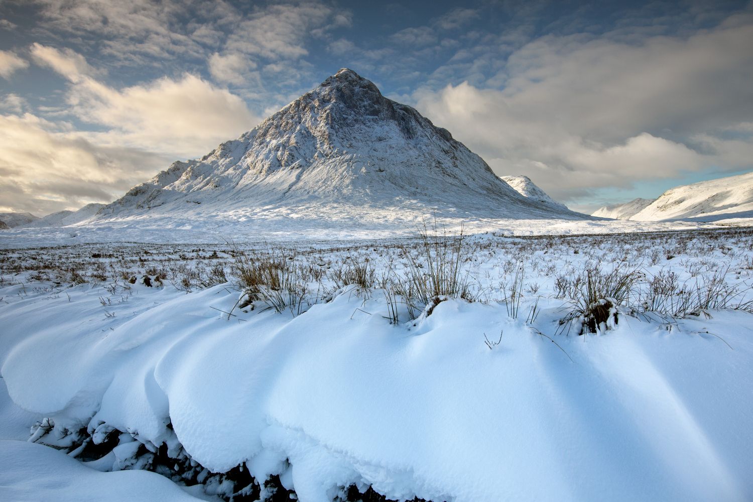 A classic winter shot of Buachille Etive Mor surrounded by snow along the River Coupall