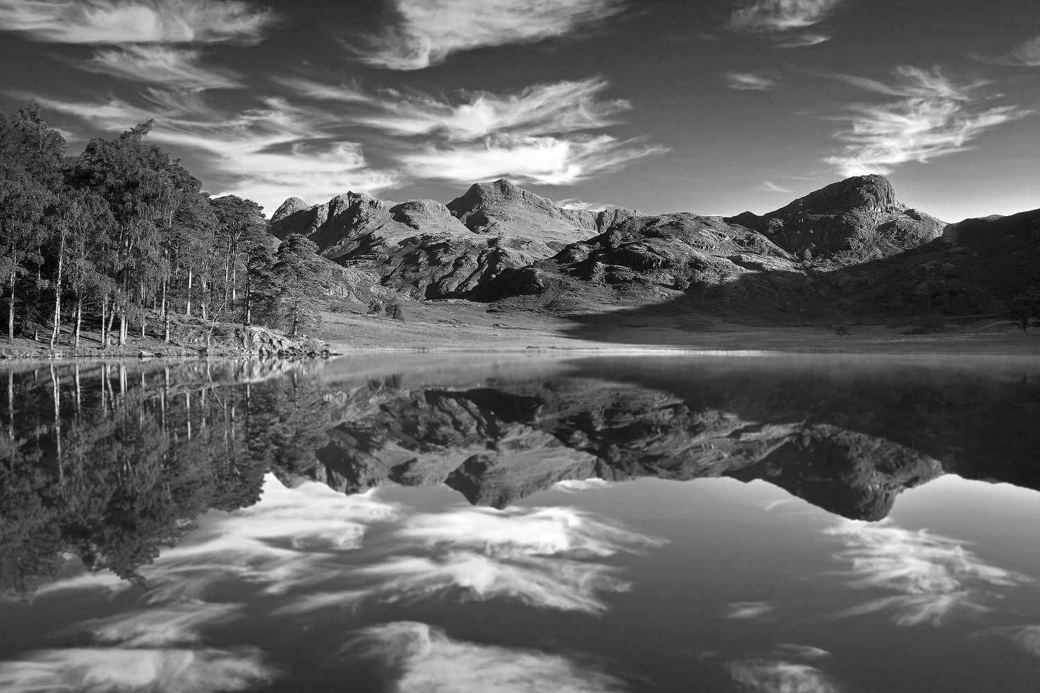 Dancing clouds over the Langdales and Blea Tarn in Black and White by Martin Lawrence