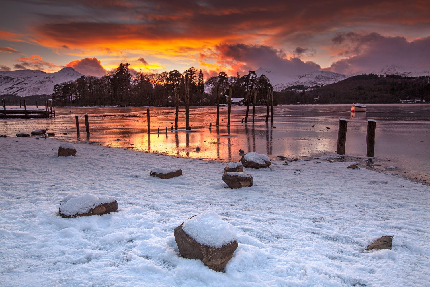 Sunset over Catbells and a frozen Derwentwater