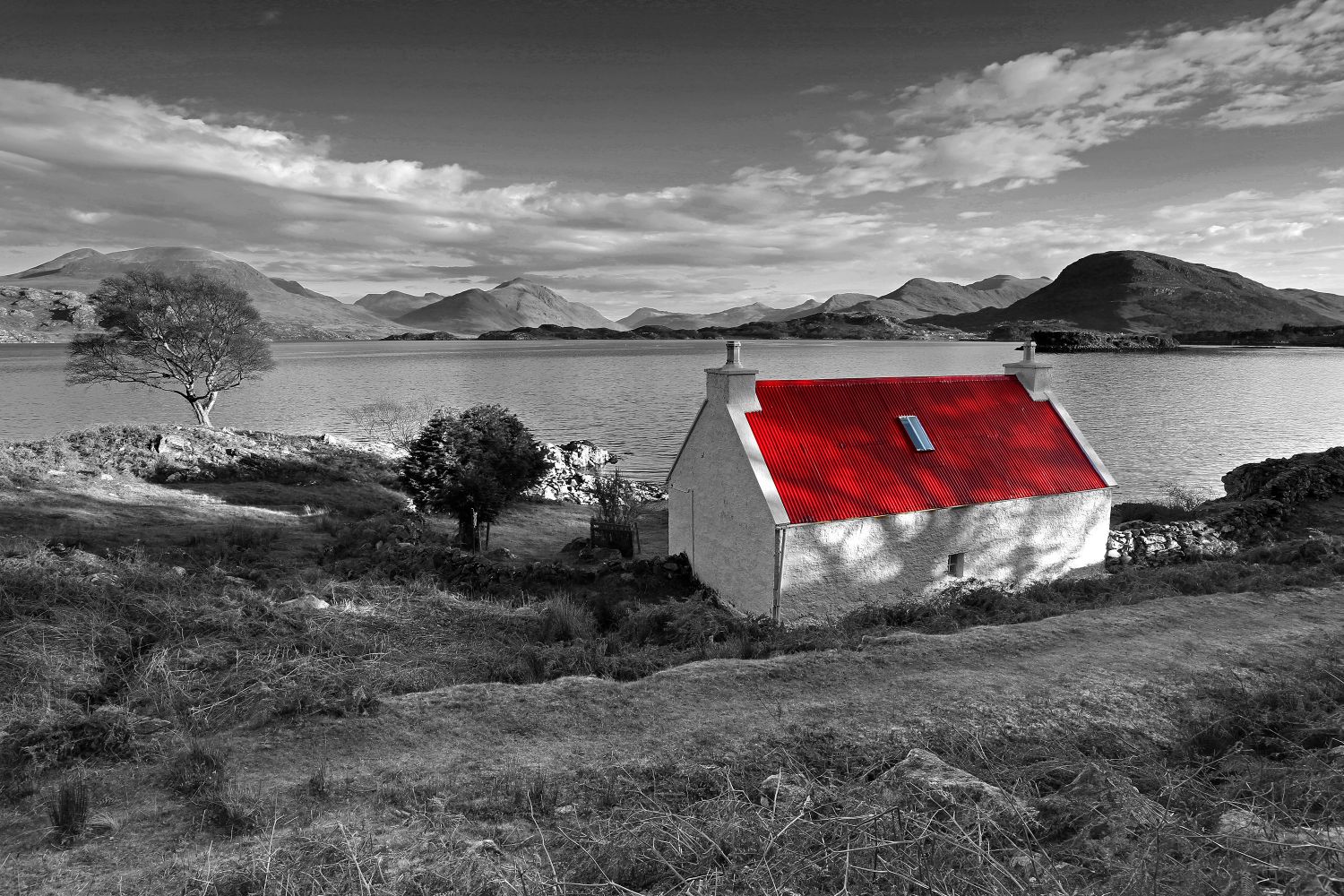 The famous Red Roof Cottage at Loch Shieldaig in Black and White by Martin Lawrence