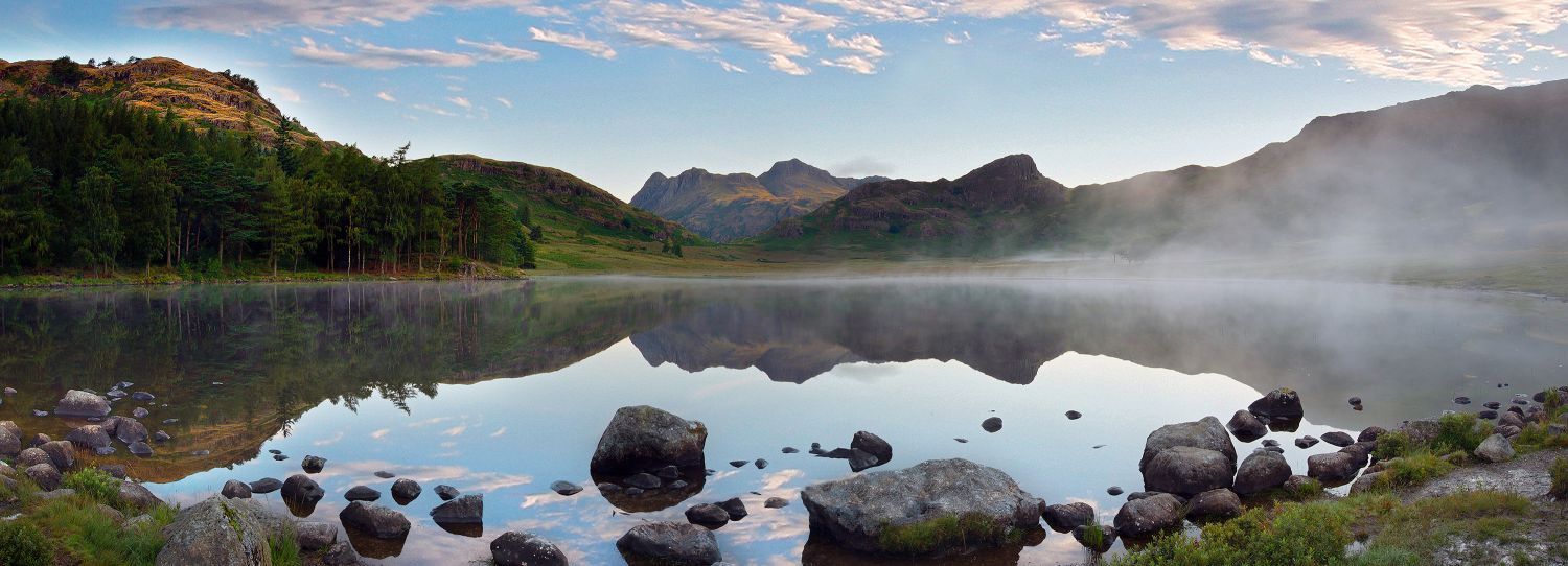 Blea Tarn and The Langdales with early morning mist