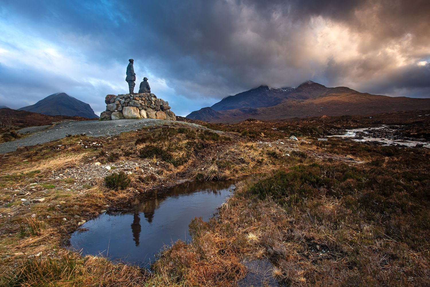 The Cuillin Mountains and Collie and MacKenzie bronze statue at Sligachan by Martin Lawrence