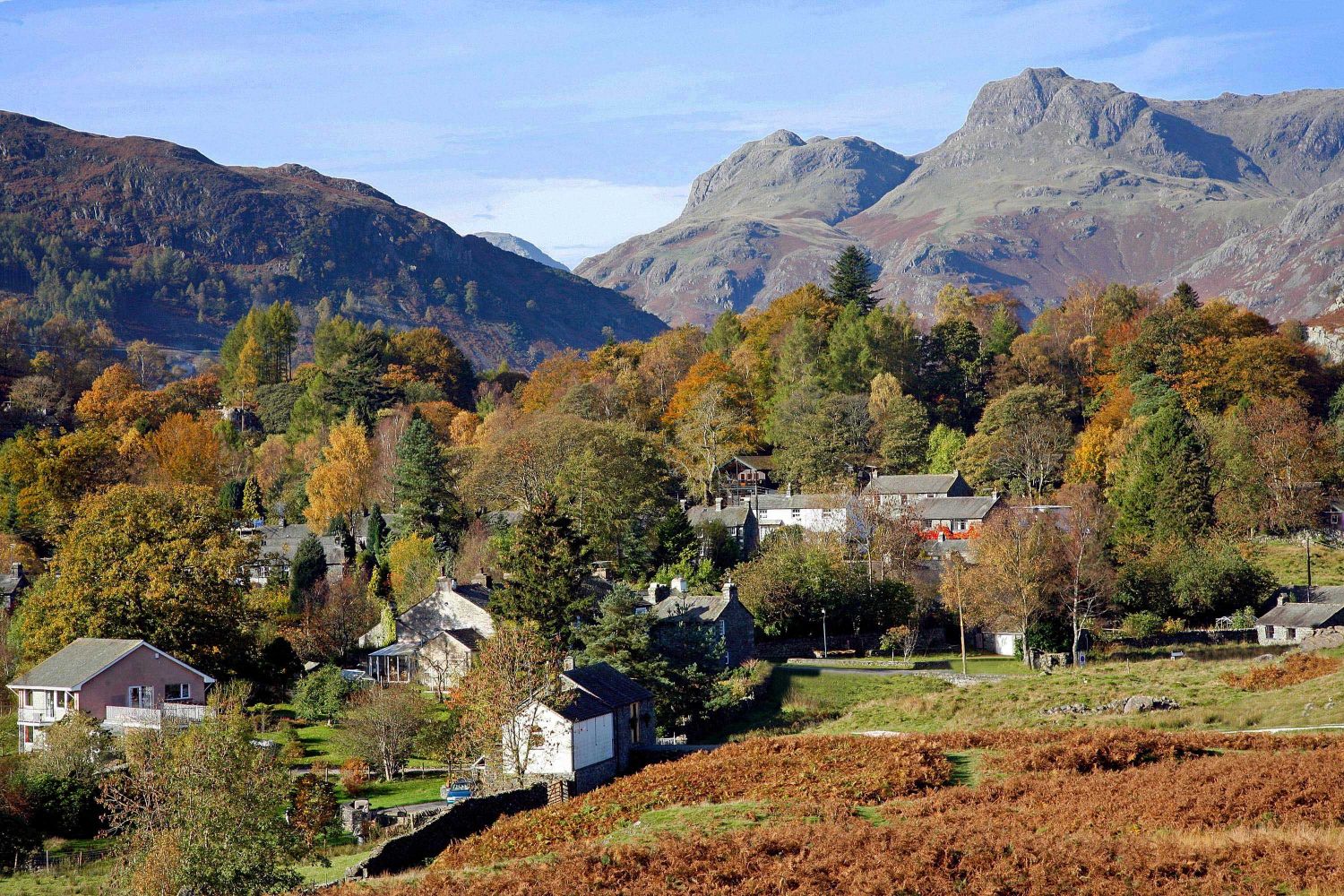 Elterwater Village and the Langdale Pikes in autumn