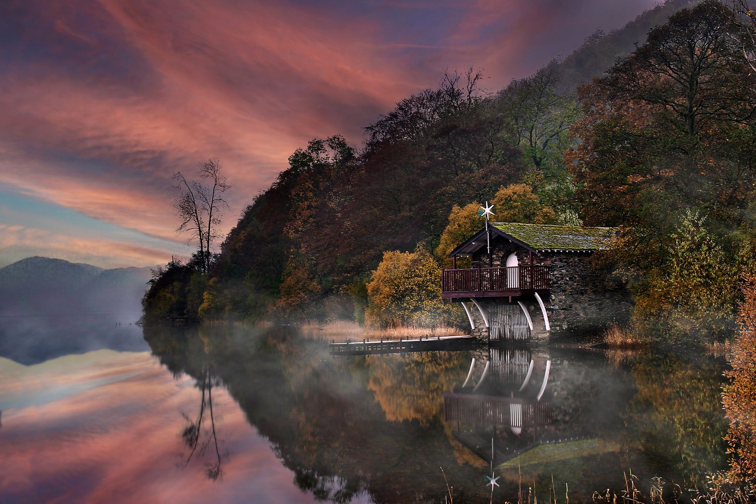 Misty sunset at The Duke of Portland Boathouse on Ullswater by Martin Lawrence