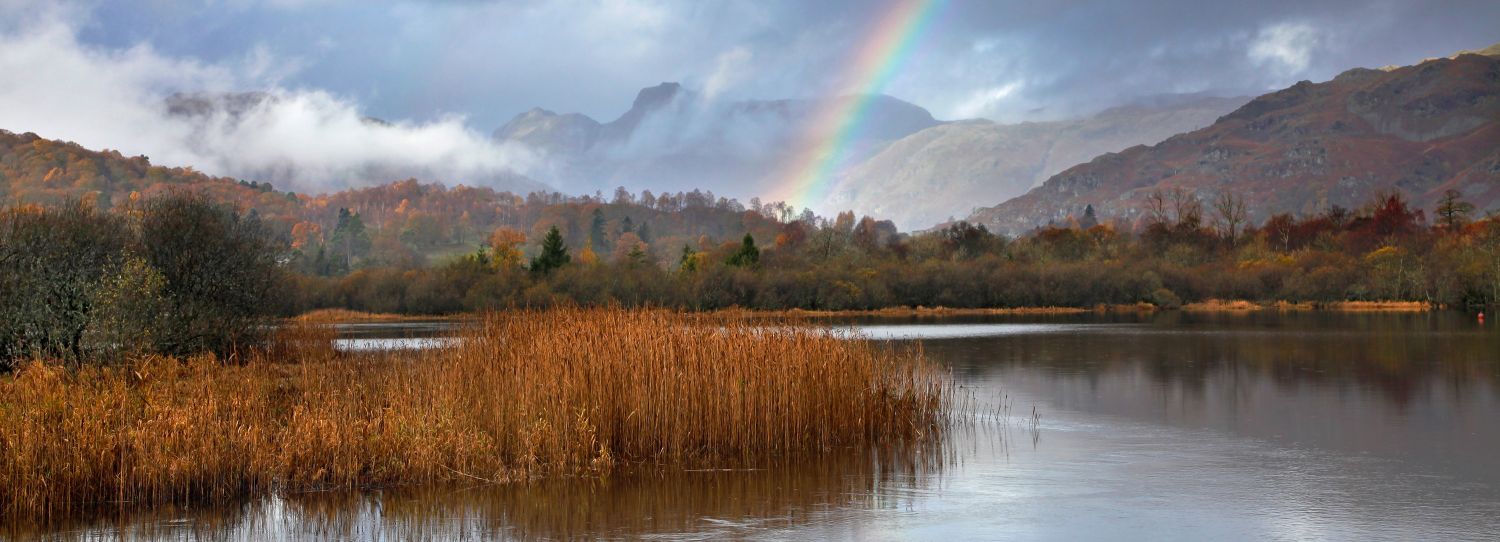 Rainbow over the Langdale Pikes from Elterwater Tarn