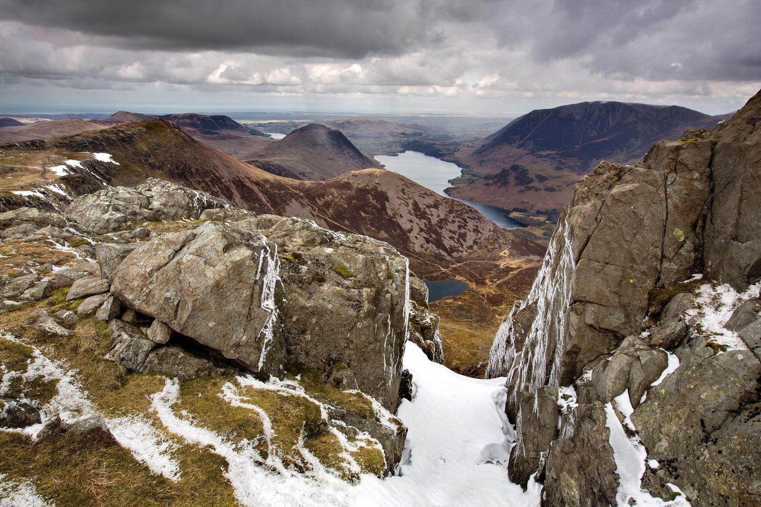 Chapel Crags Gulley looking down to Bleaberry Tarn