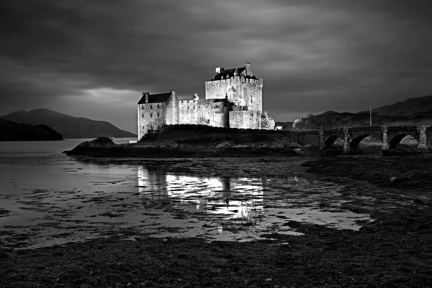 Late evening light on Eilean Donan Castle in Black and White