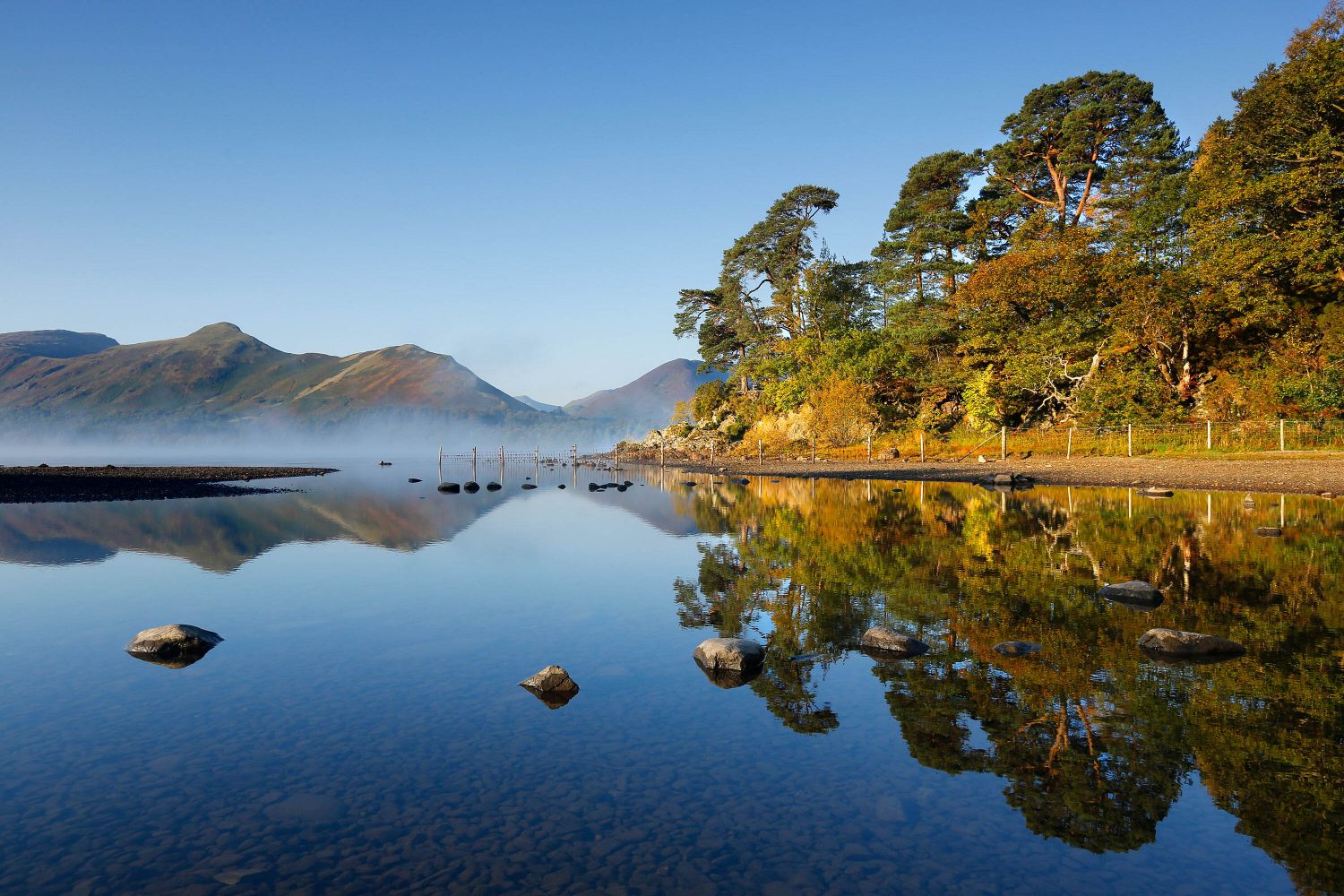 Autumn mists over Derwentwater from Calfclose Bay near Friars Crag