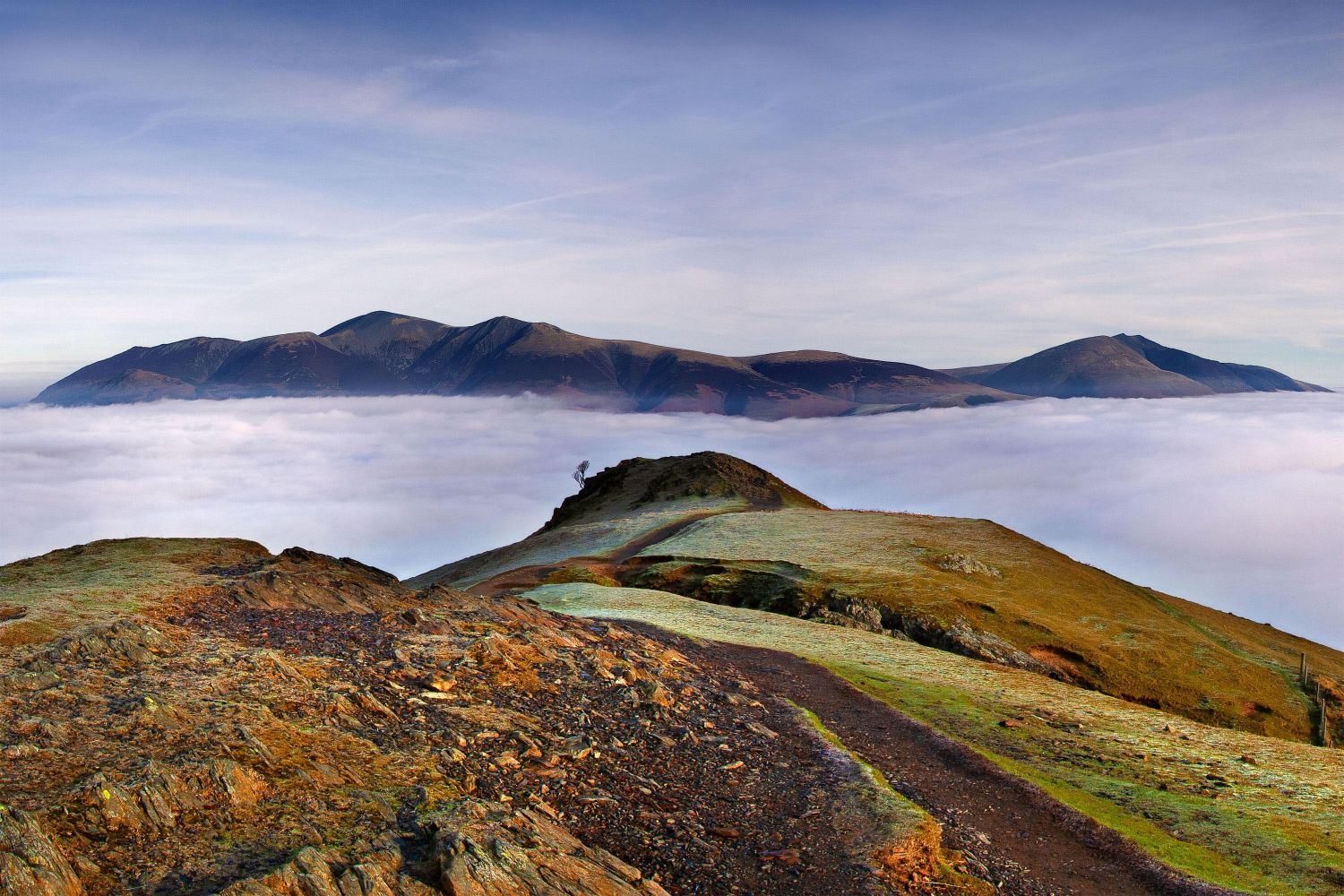 Above the clouds on Catbells with Skiddaw and Blencathra visible beyond