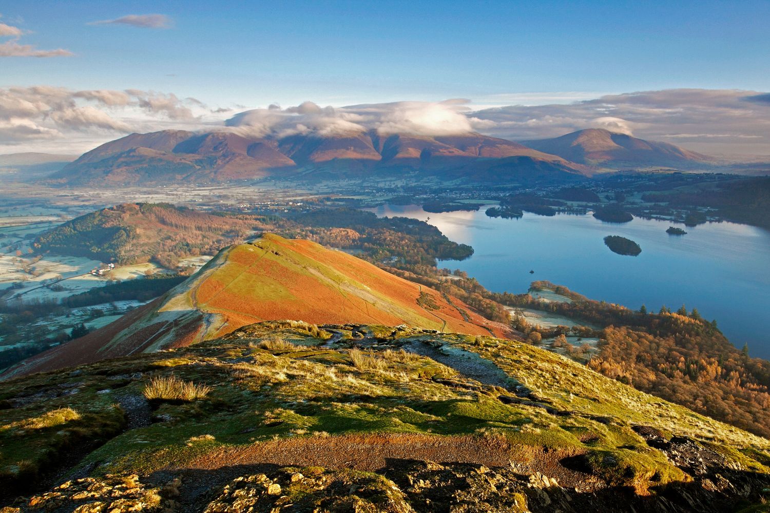 Looking down to Catbells and across Derwentwater towards  Skiddaw from the approach to Maiden Moor