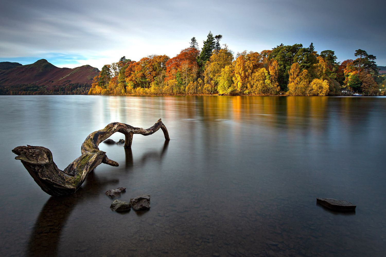 A long exposure image showing the Shades of autumn on Derwent Isle